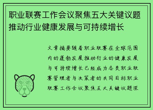 职业联赛工作会议聚焦五大关键议题推动行业健康发展与可持续增长 职业联赛工作会议聚焦五大关键议题推动行业健康发展与可持续增长